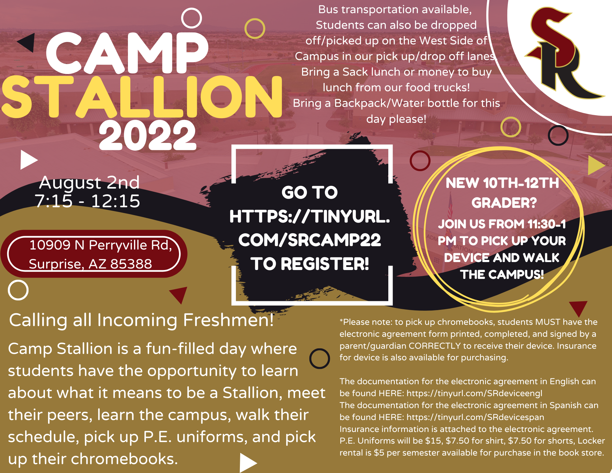 Flyer with several colors describing what to expect at Camp Stallion